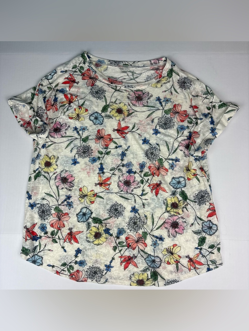 Cato Women XL Shirt White Floral Wildflowers Colorful Cuffed Sheer Poly Rayon